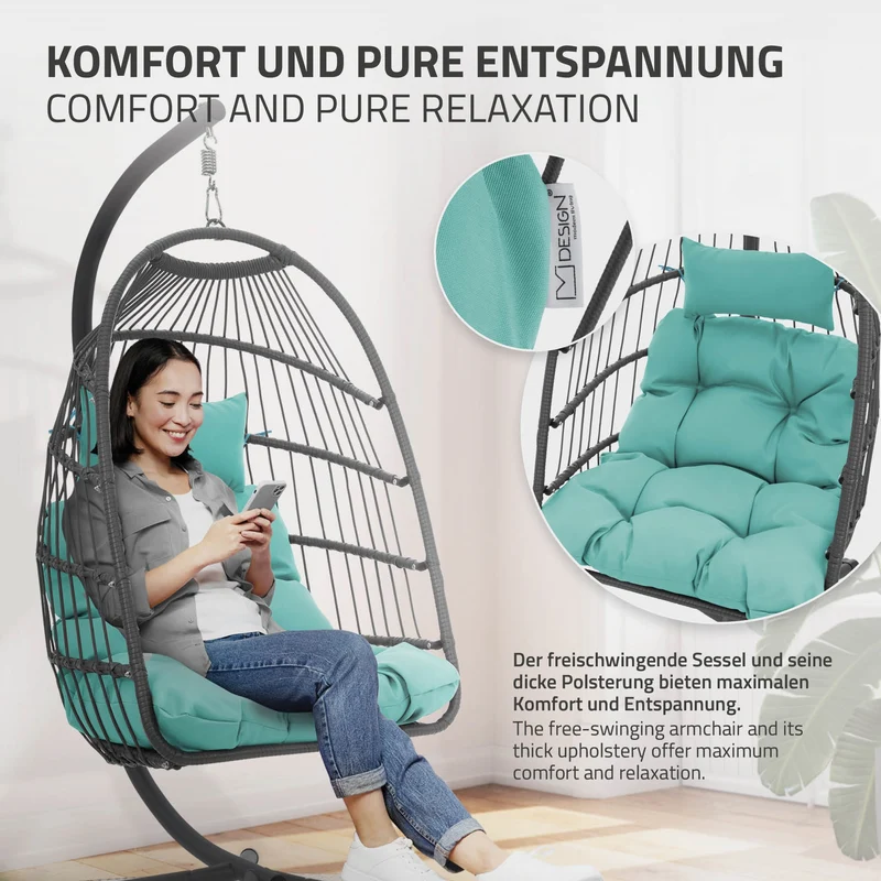Hängesessel 100x105x195 cm Türkisgrün aus Polyester mit Gestell und Kissen ML-Design