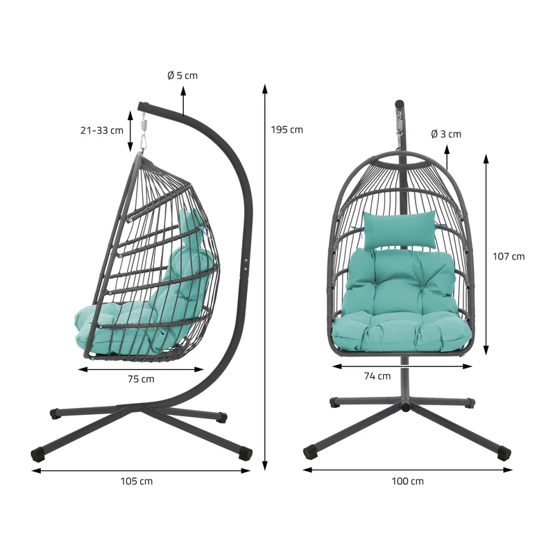 Hängesessel 100x105x195 cm Türkisgrün aus Polyester mit Gestell und Kissen ML-Design