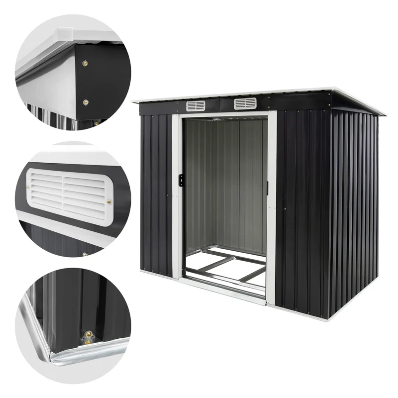 Gerätehaus mit Pultdach & Fundament 217x173x132 cm Schwarz aus Stahlblech ML-Design