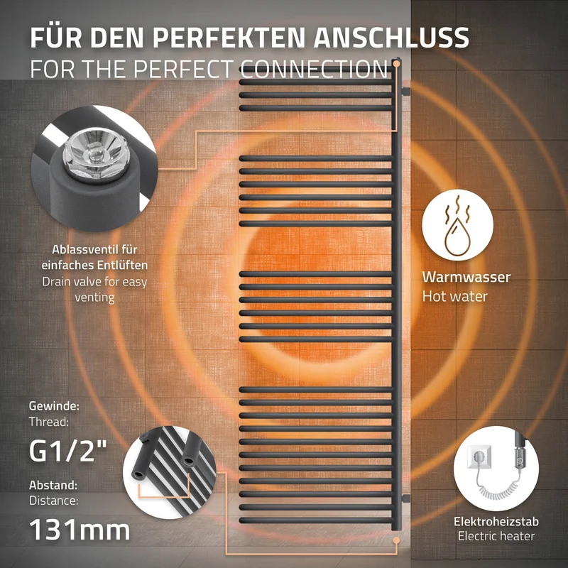Elektrischer Badheizkörper mit Heizstab 1200W 500x1600 mm Anthrazit ML-Design