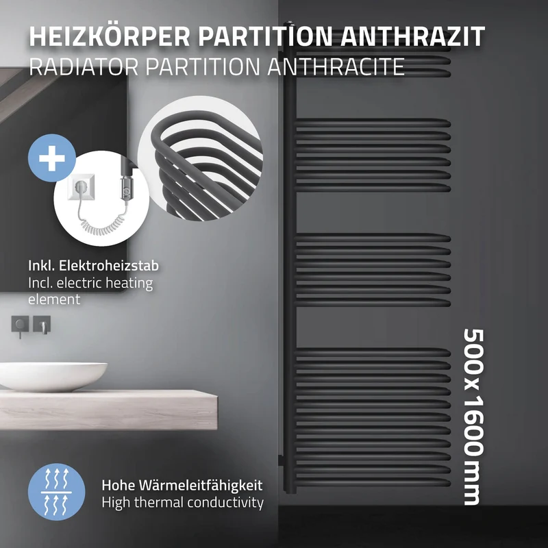 Elektrischer Badheizkörper mit Heizstab 900W 500x1600 mm Anthrazit ML-Design