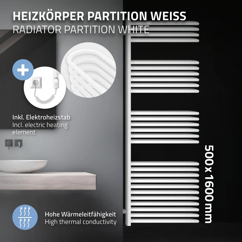 Elektrischer Badheizkörper mit Heizstab 900W 500x1600 mm Weiß ML-Design