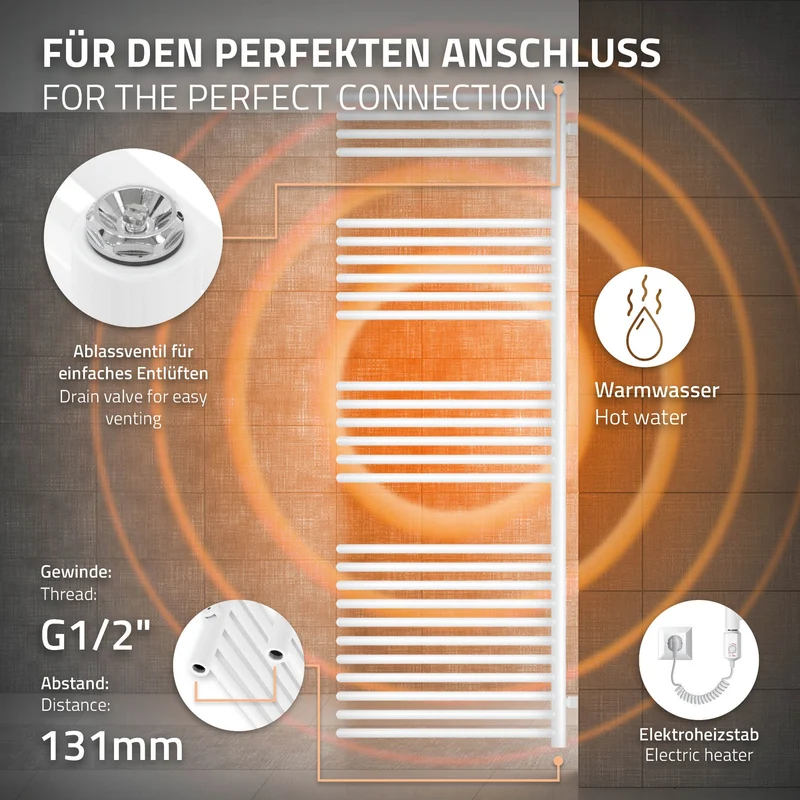 Elektrischer Badheizkörper mit Heizstab 900W 500x1600 mm Weiß ML-Design