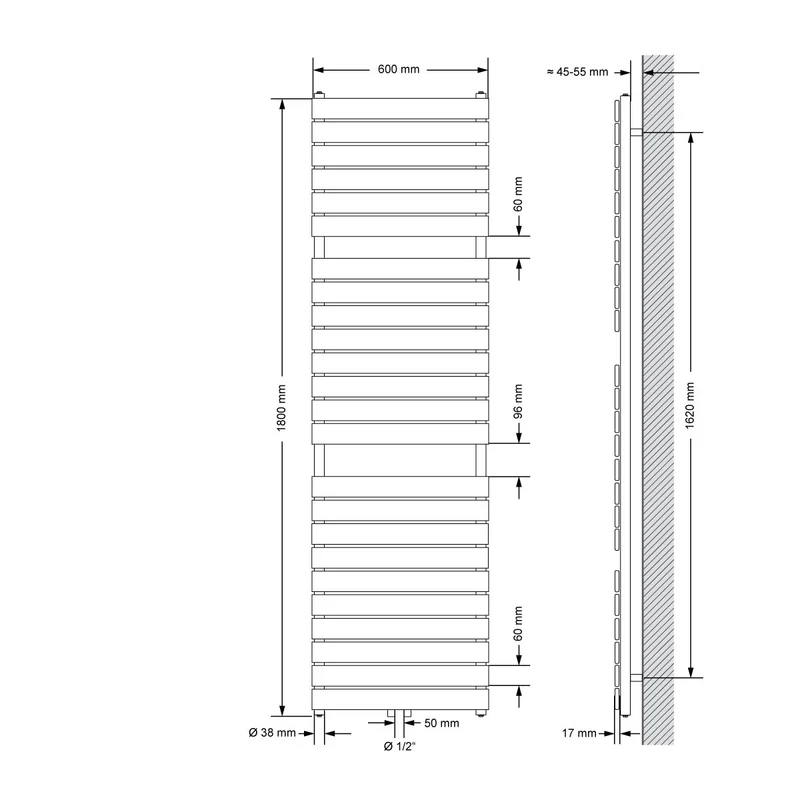 Badheizkörper Steam 1800x600 mm Weiß mit Mittelanschluss