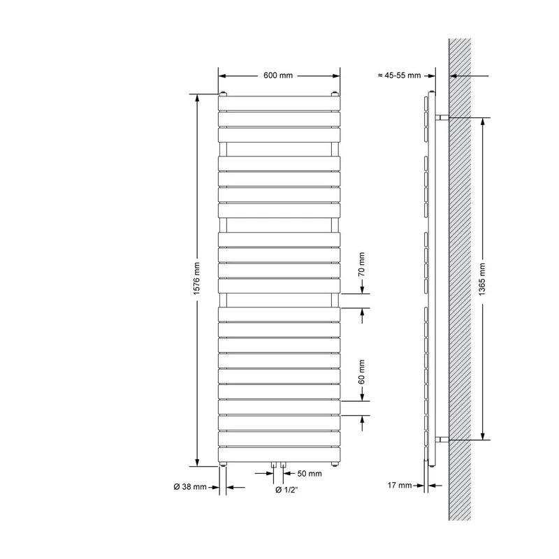 Badheizkörper Steam 600x1576 mm Anthrazit mit Mittelanschlss und Boden Anschlussgarnitur