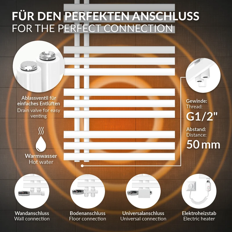 Badheizkörper Mittelanschluss 600x1600 mm Weiß mit Universal Anschlussgarnitur LuxeBath