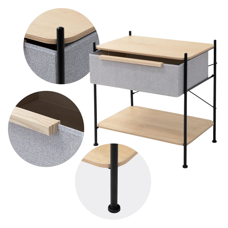ML-Design | Nachttisch mit Stoff Schublade Eiche aus Stahl, MDF, Nachttisch Aufbewahrungsschrank
