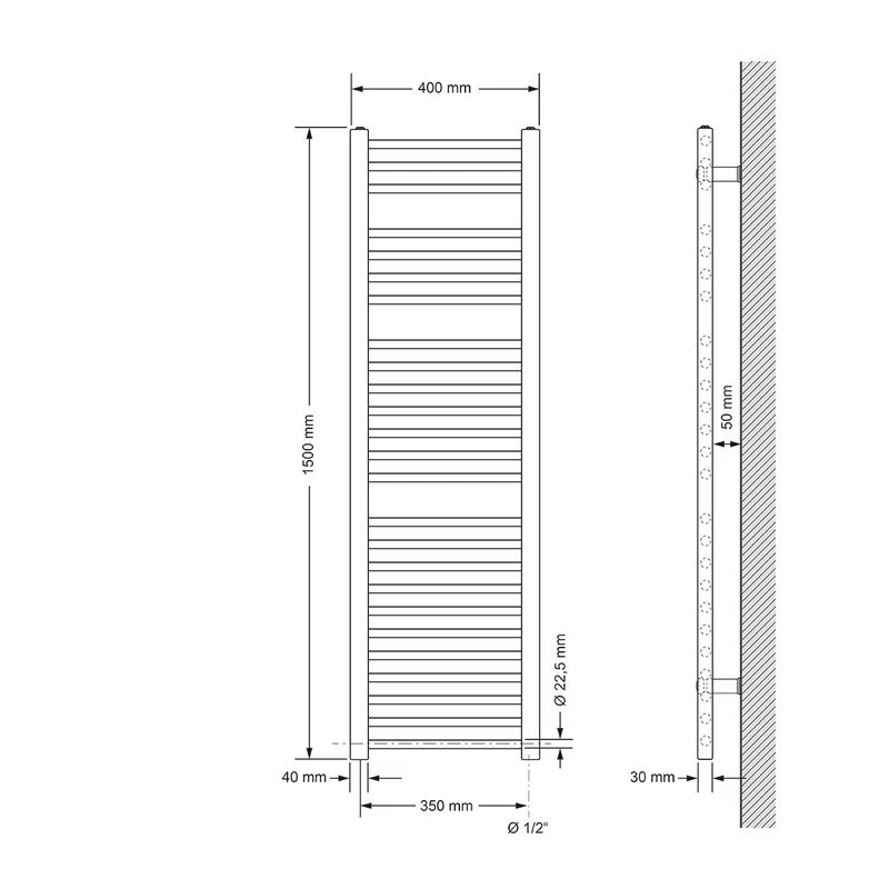 Elektrischer Badheizkörper mit Heizstab 1200W 400x1500 mm Chrome gerade Seitenanschluss & Thermostat LuxeBath