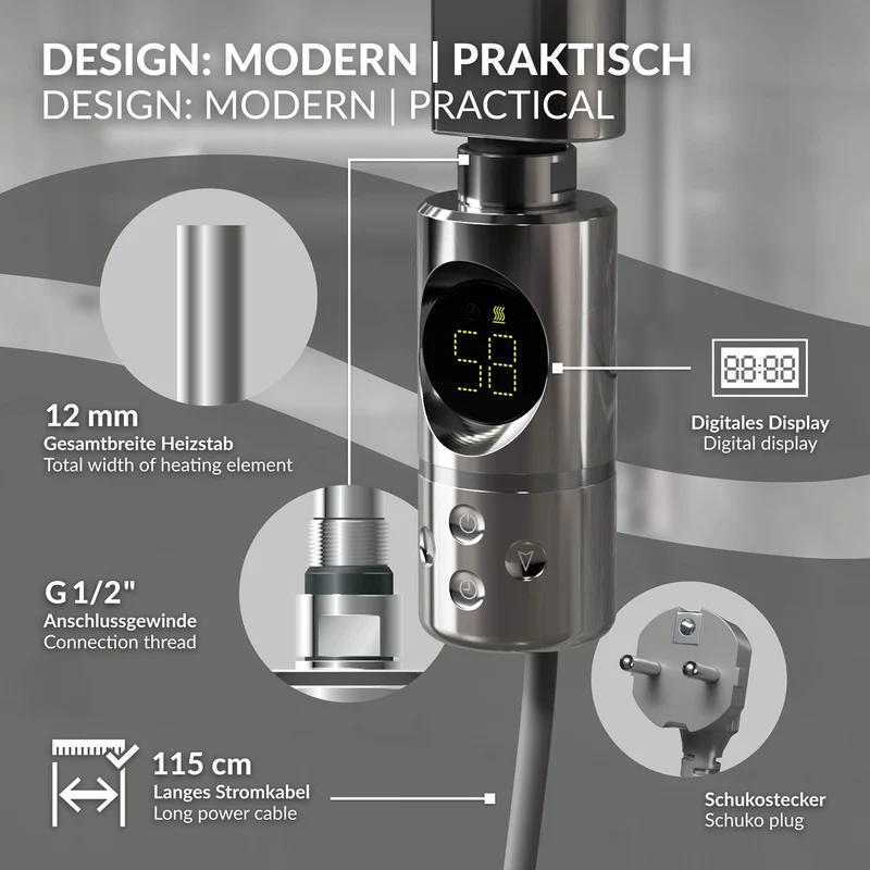 Elektrischer Badheizkörper mit Heizstab 1200W 400x1500 mm Chrome gerade Seitenanschluss & Thermostat LuxeBath