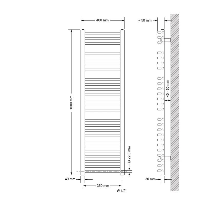 Elektrischer Badheizkörper mit Heizstab 900W 400x1500 mm Anthrazit gebogen mit Seitenanschluss LuxeBath