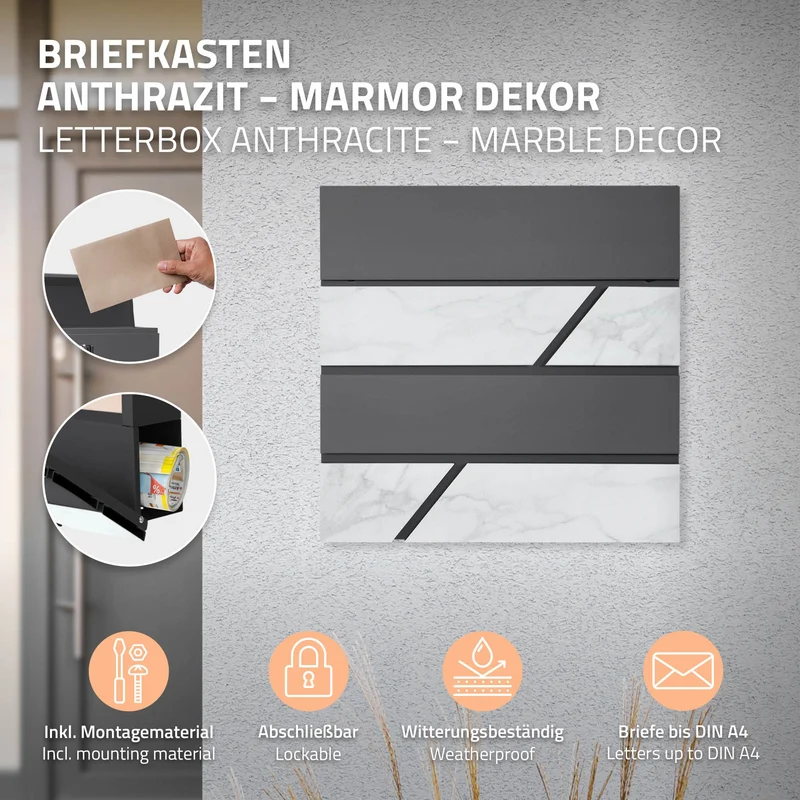 Briefkasten 37x36,5x11 cm Anthrazit/Weiß-Marmoroptik aus Stahl ML-Design