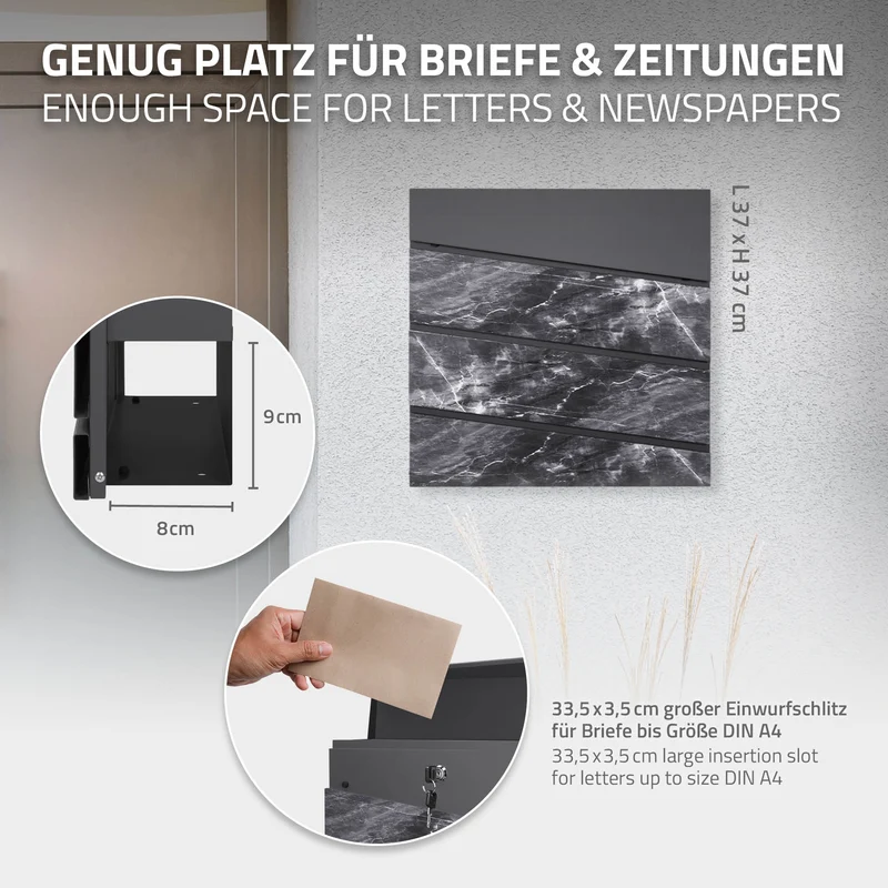 Briefkasten 37x37x11 cm Anthrazit/Schwarz-Marmoroptik aus Stahl ML-Design