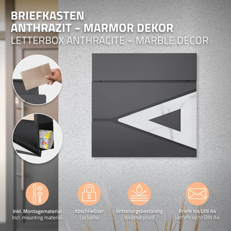 Briefkasten mit Zeitungsfach 37x36,5x11 cm Anthrazit/Weiß-Marmoroptik aus Stahl ML-Design, Modernes Dreieckiges Design