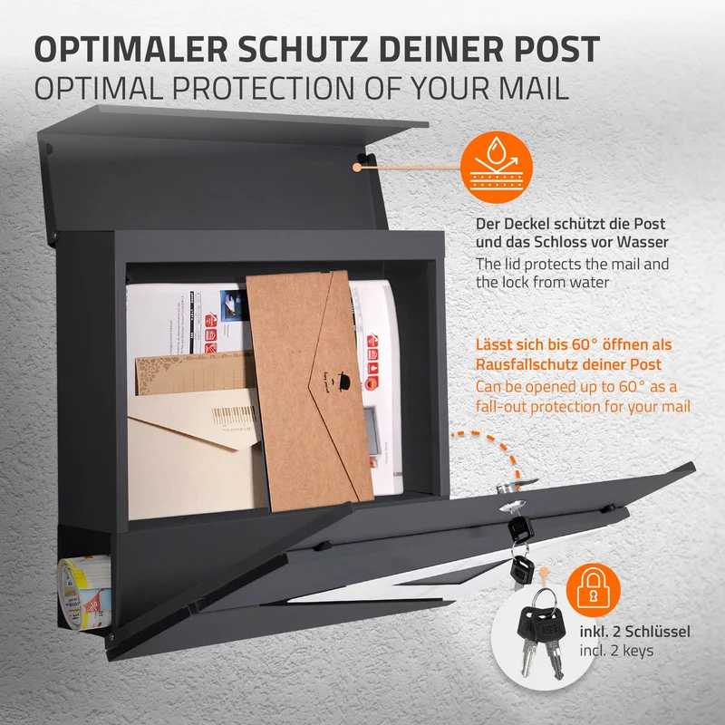 Briefkasten mit Zeitungsfach 37x36,5x11 cm Anthrazit/Weiß-Marmoroptik aus Stahl ML-Design, Modernes Dreieckiges Design