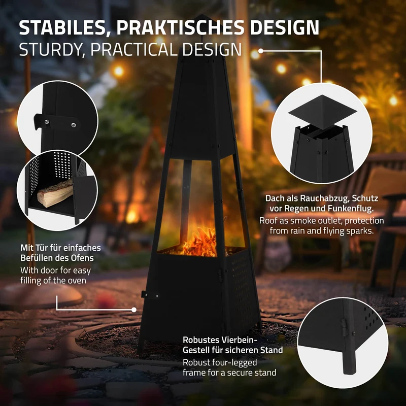 Pyramiden Gartenkamin mit Schornstein 29x100x30 cm Schwarz aus Eisen ML-Design