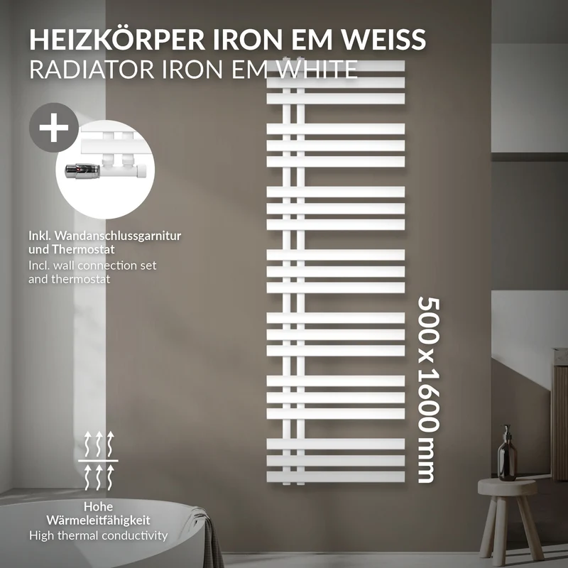 Badheizkörper Mittelanschluss 500x1600 mm Weiß mit Wand Anschlussgarnitur LuxeBath