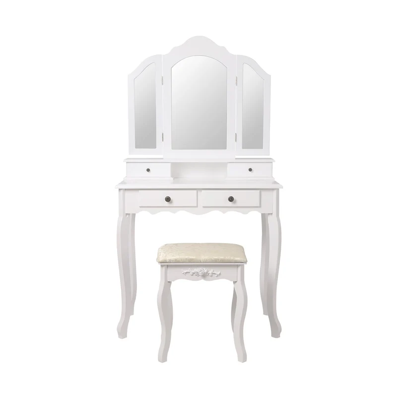 B-Ware Schminktisch Frisiertisch 75x140x40 cm in Weiß mit Spiegel 3-tlg, 4 Schubladen & Hocker ML-Design