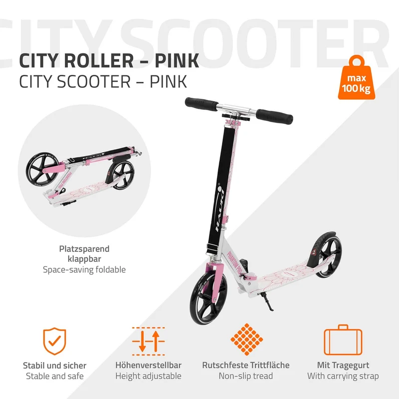 B-Ware Cityroller Rosa klappbar und höhenverstellbar Scooter mit XXL-Räder Hauki– Tetroller & Kickscooter
