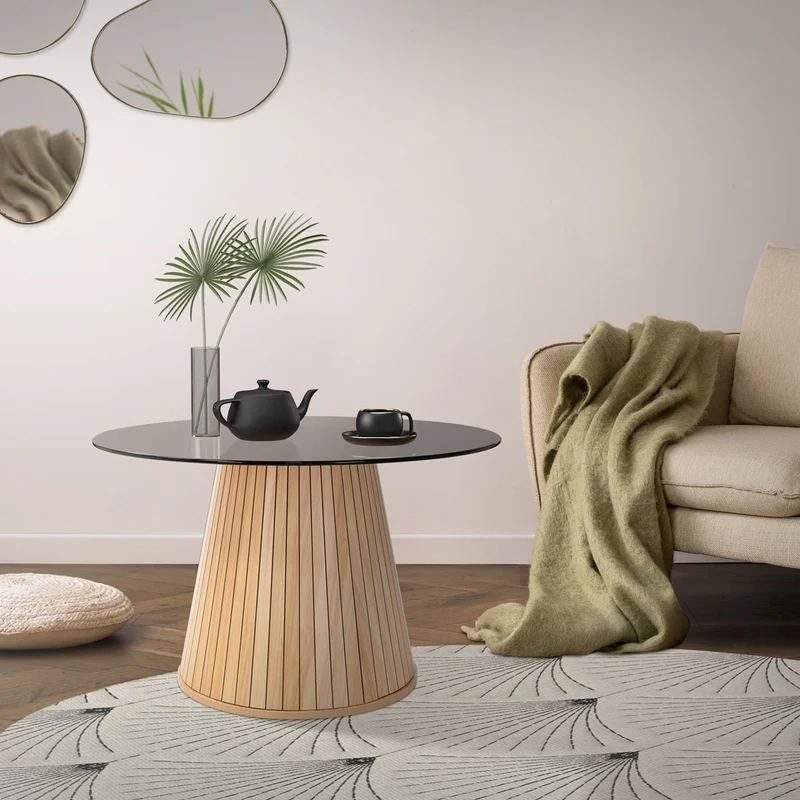 B-Ware Couchtisch mit Glasplatte Ø80x50 cm Holz-Optik Braun Runder Wohnzimmertisch ML-Design