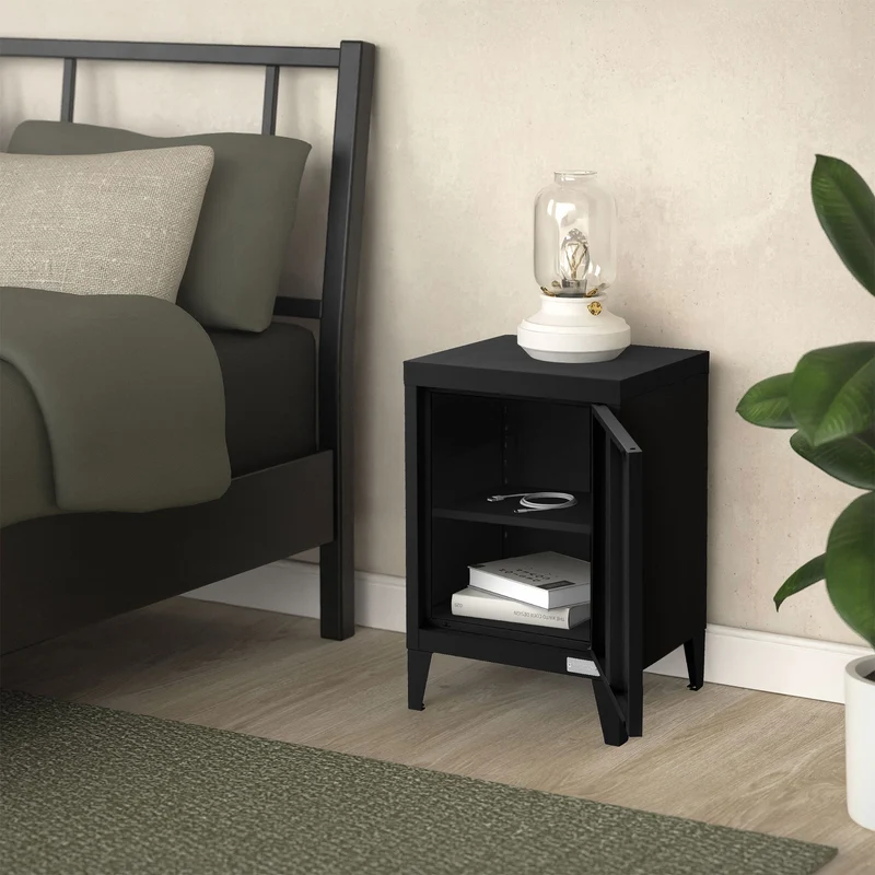 Nachttisch 40x30x58 cm Schwarz aus Stahl mit verstellbarer Regalboden ML Design