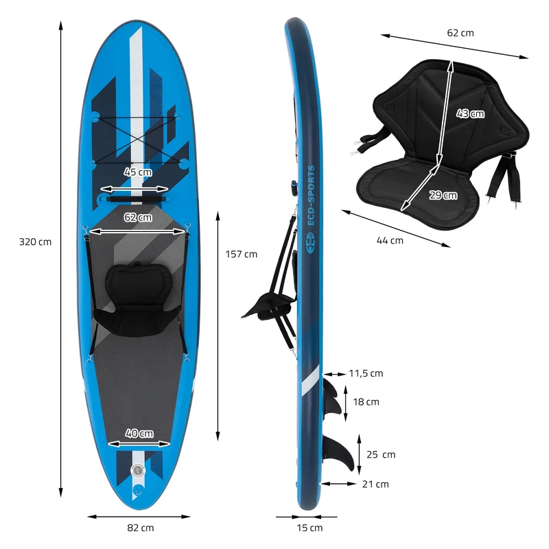 B-Ware Aufblasbares Stand Up Paddle Board mit Kajak Sitz 320x82x15 cm Blau aus PVC