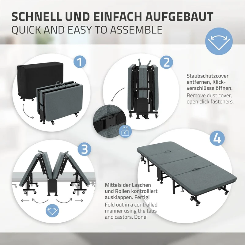 ECD Germany | Klappbares Gästebett mit Matratze, rollbar, für Kinder & Erwachsene bis 200kg belastbar