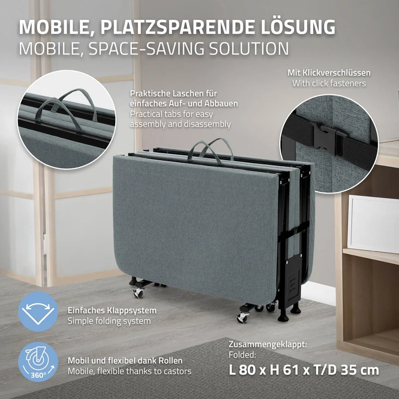 ECD Germany | Klappbares Gästebett mit Matratze, rollbar, für Kinder & Erwachsene bis 200kg belastbar