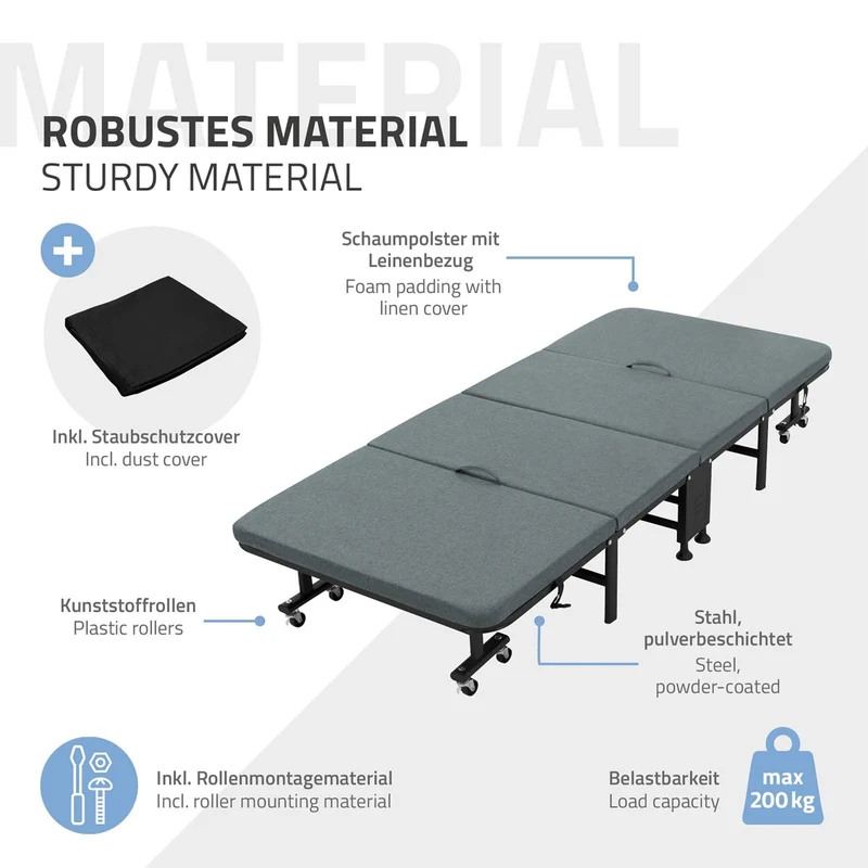 ECD Germany | Klappbares Gästebett mit Matratze, rollbar, für Kinder & Erwachsene bis 200kg belastbar