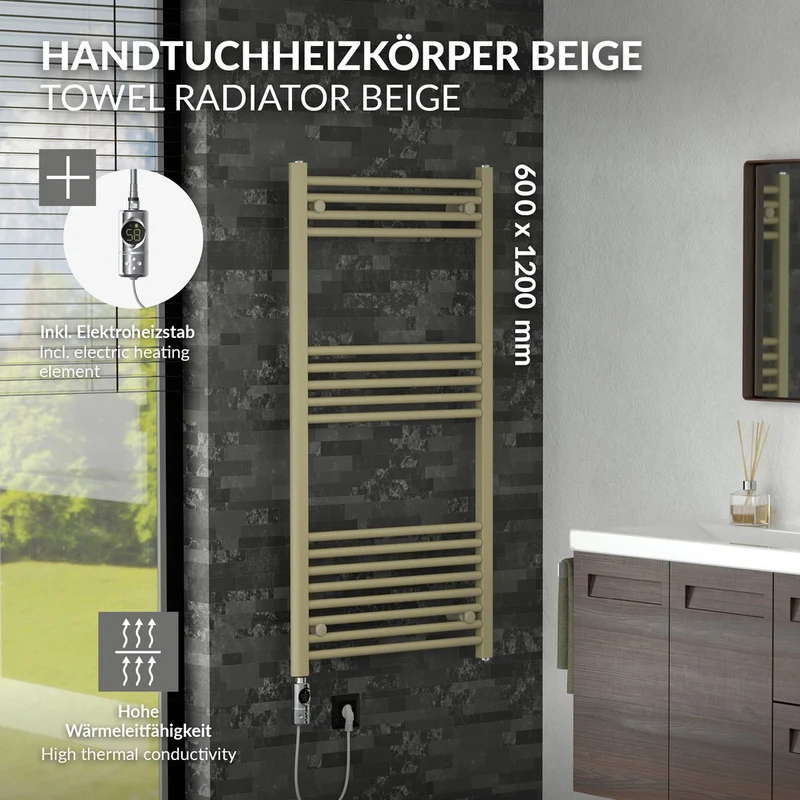 LuxeBath | Handtuchheizkörper elektrisch 600W Sahara gerade mit Seitenanschluss 600x1200 mm Stahl Beige Badheizkörper Handtuchtrockner für Badezimmer