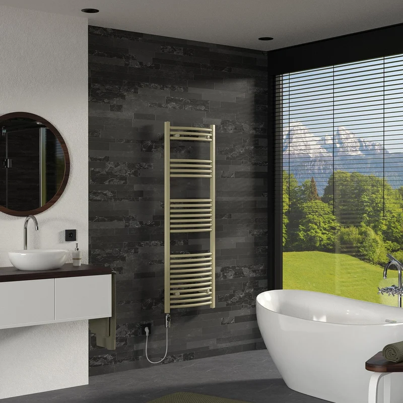 LuxeBath | Handtuchheizkörper elektrisch 600W Sahara gebogen mit Seitenanschluss 500x1500 mm Stahl Beige Badheizkörper Handtuchtrockner für Badezimmer