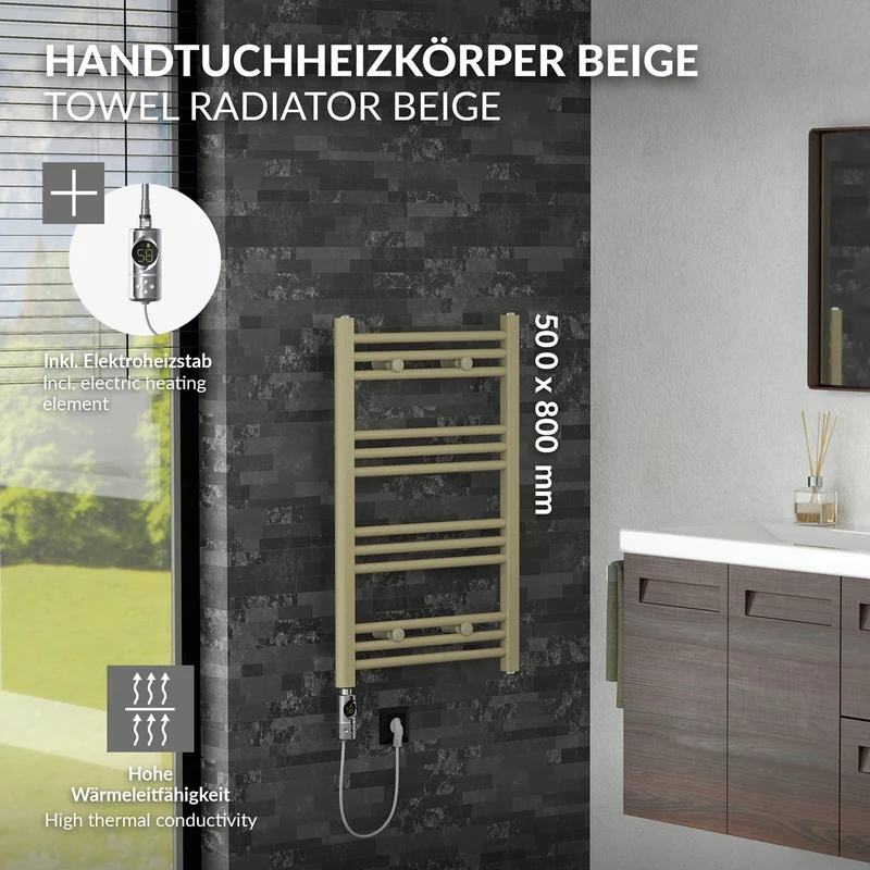 LuxeBath | Handtuchheizkörper elektrisch 300W Sahara gerade mit Seitenanschluss 500x800 mm Stahl Beige Badheizkörper Handtuchtrockner für Badezimmer
