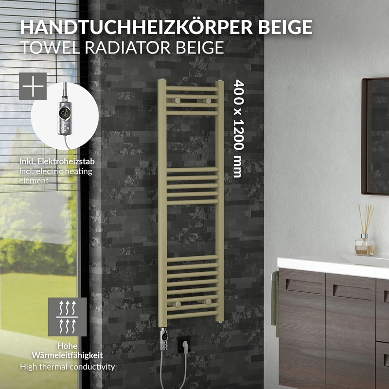 LuxeBath | Handtuchheizkörper elektrisch 600W Sahara gerade mit Seitenanschluss 400x1200 mm Stahl Beige Badheizkörper Handtuchtrockner für Badezimmer
