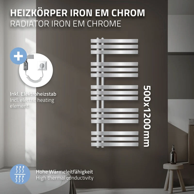 Badheizkörper Iron EM mit Heizstab 1200W 500x1200 mm Chrome