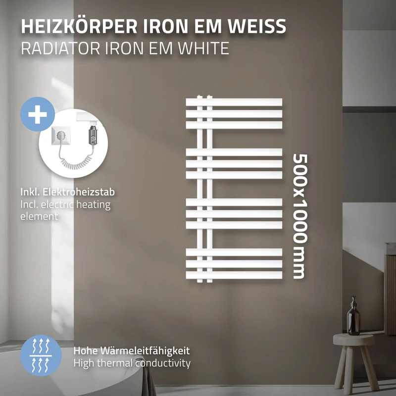 Badheizkörper Elektrisch mit Heizstab 300W 500x1000 mm Weiß