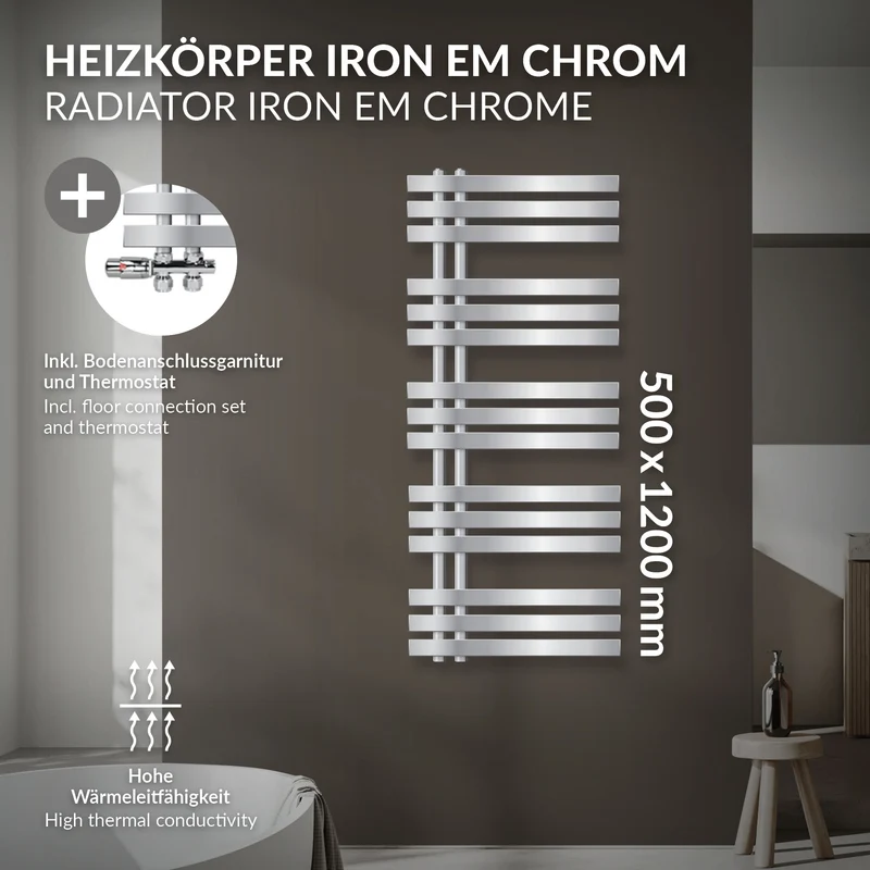 Badheizkörper Mittelanschluss 500x1200 mm Chrome mit Boden Anschlussgarnitur LuxeBath