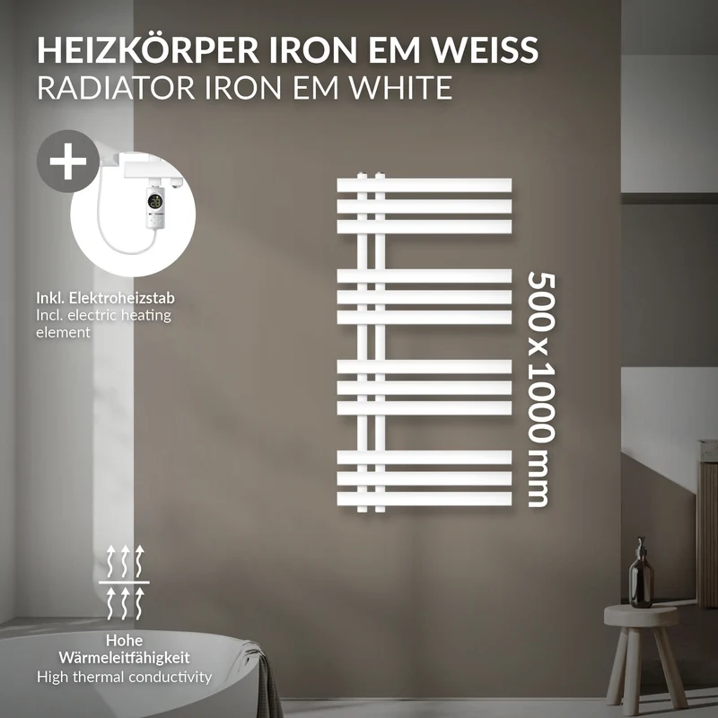 Badheizkörper Mittelanschluss 500x1000 mm Weiß mit Heizstab 300W LuxeBath