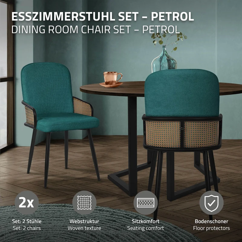 B-Ware Esszimmerstühle 2er Set Petrol mit Arm- & Rückenlehne, Polsterstühle für Esszimmer & Küche ML-Design