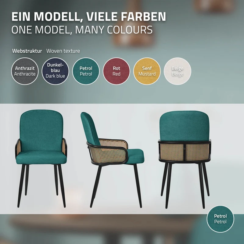 B-Ware Esszimmerstühle 2er Set Petrol mit Arm- & Rückenlehne, Polsterstühle für Esszimmer & Küche ML-Design