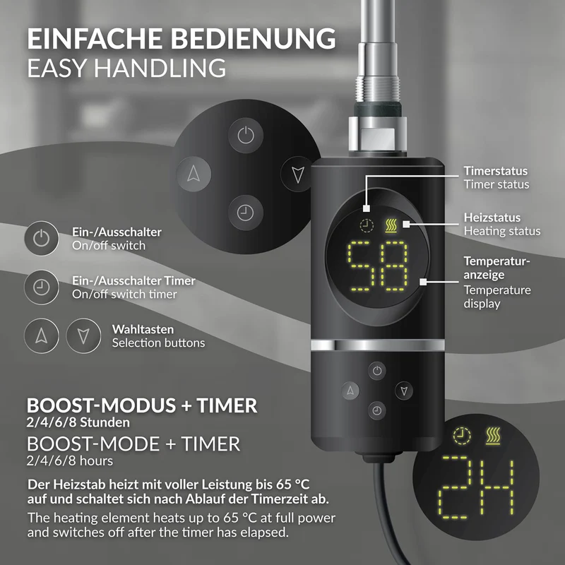 Design Badheizkörper Sahara Elektrisch mit Heizstab 600W 300x800 mm gerade Schwarz matt Seitenanschluss LuxeBath