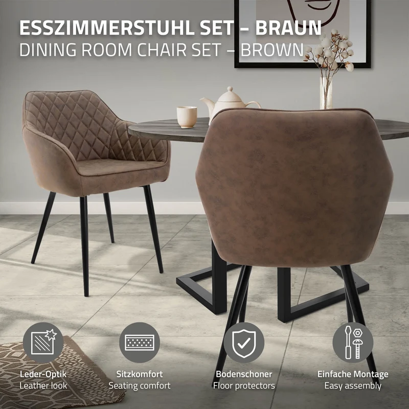 Esszimmerstuhl 2er Set Rauten Steppung Braun Kunstlederbezug mit Metallbeinen & Armlehne inkl. Montagematerial ML-Design