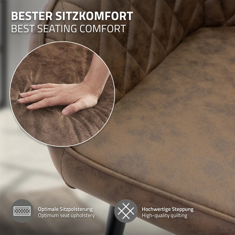 Esszimmerstuhl 2er Set Rauten Steppung Braun Kunstlederbezug mit Metallbeinen & Armlehne inkl. Montagematerial ML-Design
