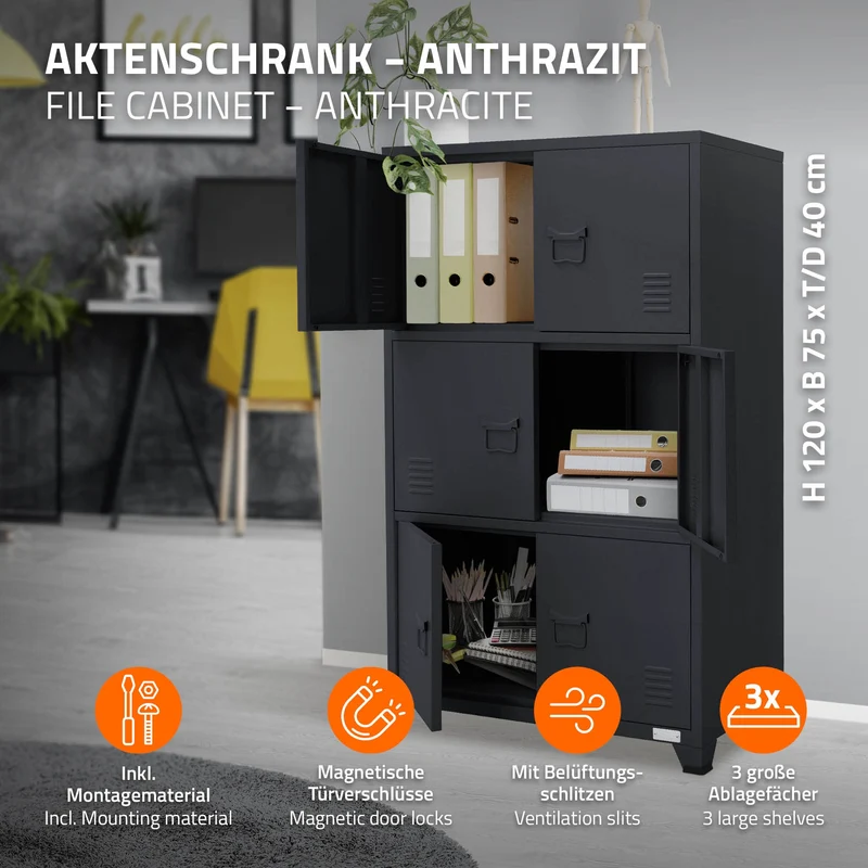 Büroschrank mit drei Ebenen Magnetverschluss 75x40x120 cm Anthrazit aus Stahl ML-Design