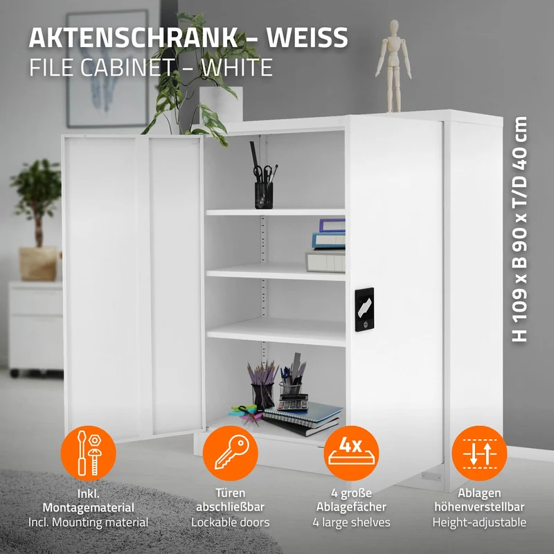 Aktenschrank abschließbar 90x40x109 cm Weiß aus Stahl ML-Design
