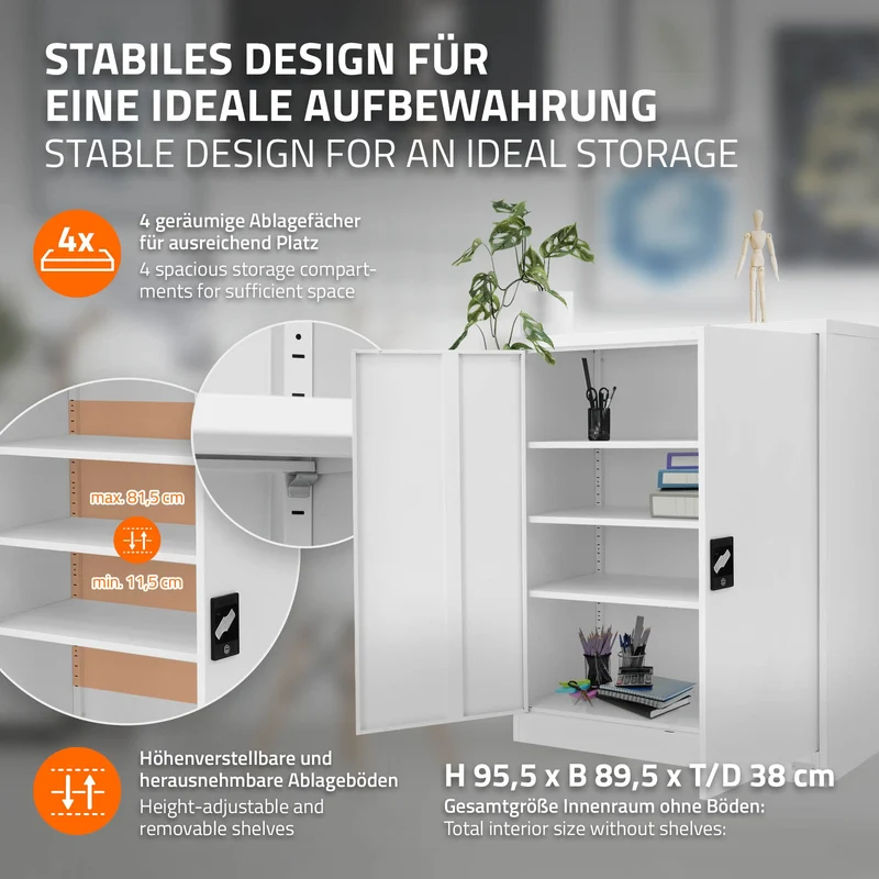 Aktenschrank abschließbar 90x40x109 cm Weiß aus Stahl ML-Design