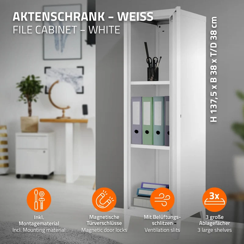 Aktenschrank Spindschrank 1-türig 38x38x137,5 cm Weiß aus Stahl ML-Design