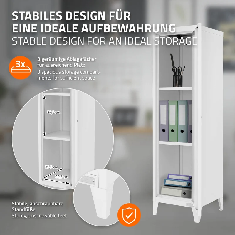 Aktenschrank Spindschrank 1-türig 38x38x137,5 cm Weiß aus Stahl ML-Design