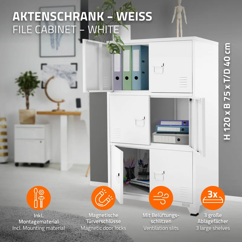 Büroschrank mit drei Ebenen Magnetverschluss 75x40x120 cm Weiß aus Stahl ML-Design