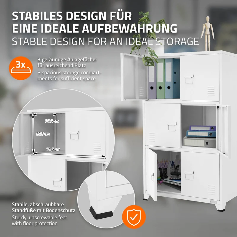 Büroschrank mit drei Ebenen Magnetverschluss 75x40x120 cm Weiß aus Stahl ML-Design