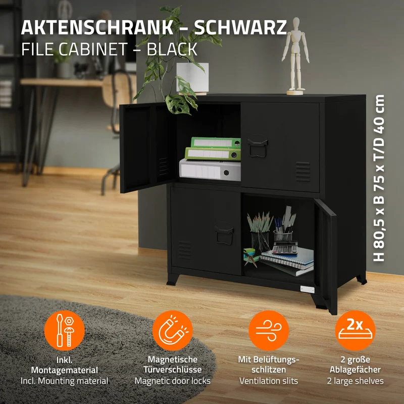 Büroschrank mit zwei Ebenen Magnetverschluss 75x40x80,5 cm Schwarz aus Stahl ML-Design