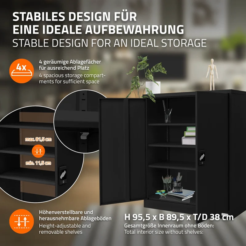 Aktenschrank abschließbar 90x40x109 cm Schwarz aus Stahl ML-Design